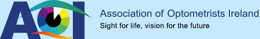 Logo of the Association of Optometrists Ireland. Features a stylised multicoloured eye within the letters AOI on the left and the text Association of Optometrists Ireland with the slogan Sight for life, vision for the future on the right.