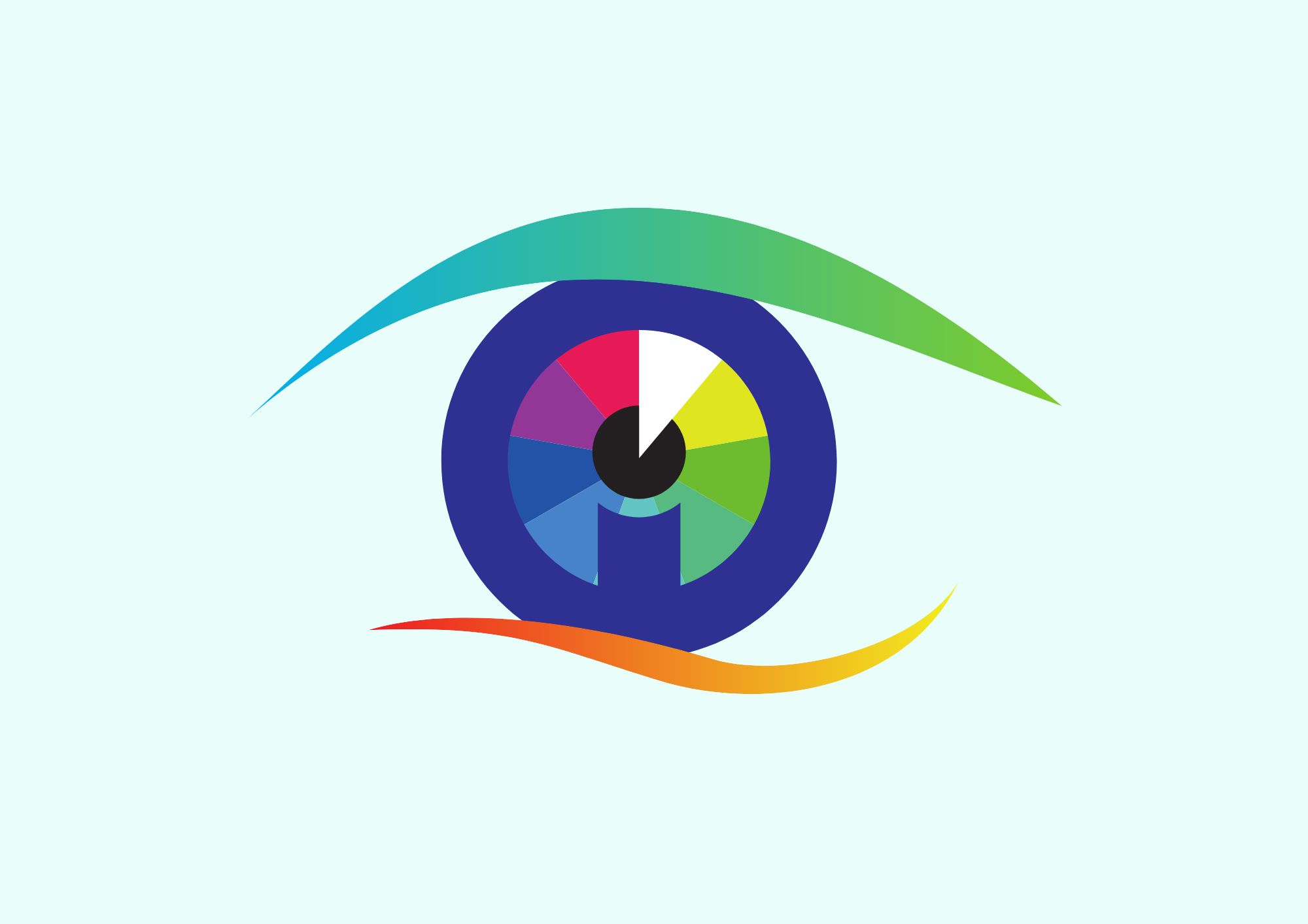 Optometry Ireland Logo - Abstract image of an eye with a colourful iris featuring segments in blue, red, pink, and green. The outer shape of the eye is highlighted with green and orange curves on a light green background.