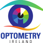 Logo of Optometry Ireland featuring a stylised eye. The iris is a multicoloured circle within a blue outline of an eye, with an orange and green curved line representing eyelids. The text Optometry Ireland is below.