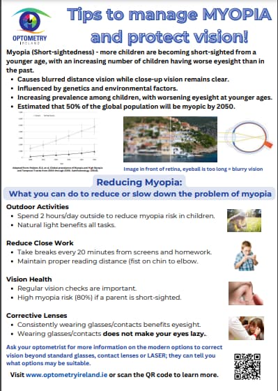 Infographic on managing myopia and protecting vision. Includes causes, tips for reducing myopia like outdoor activities and vision health, and emphasises increasing prevalence. Features contact info for Optometry Ireland and an invitation to learn more.