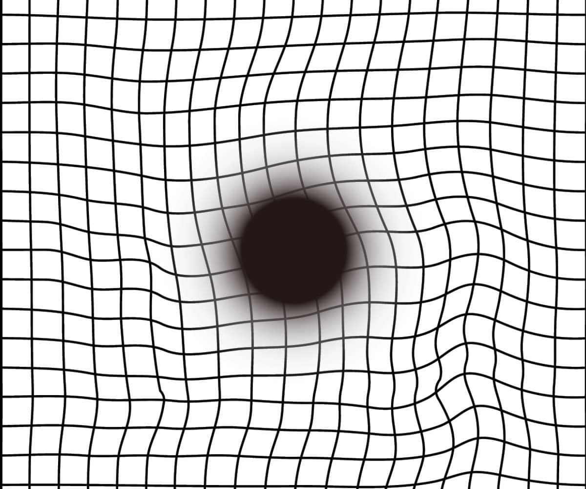 A 3D grid is depicted, appearing as if it is stretched and distorted around a central black circle, resembling the concept of age-related macular degeneration (AMD) The grid lines become denser and more warped near the black circle.