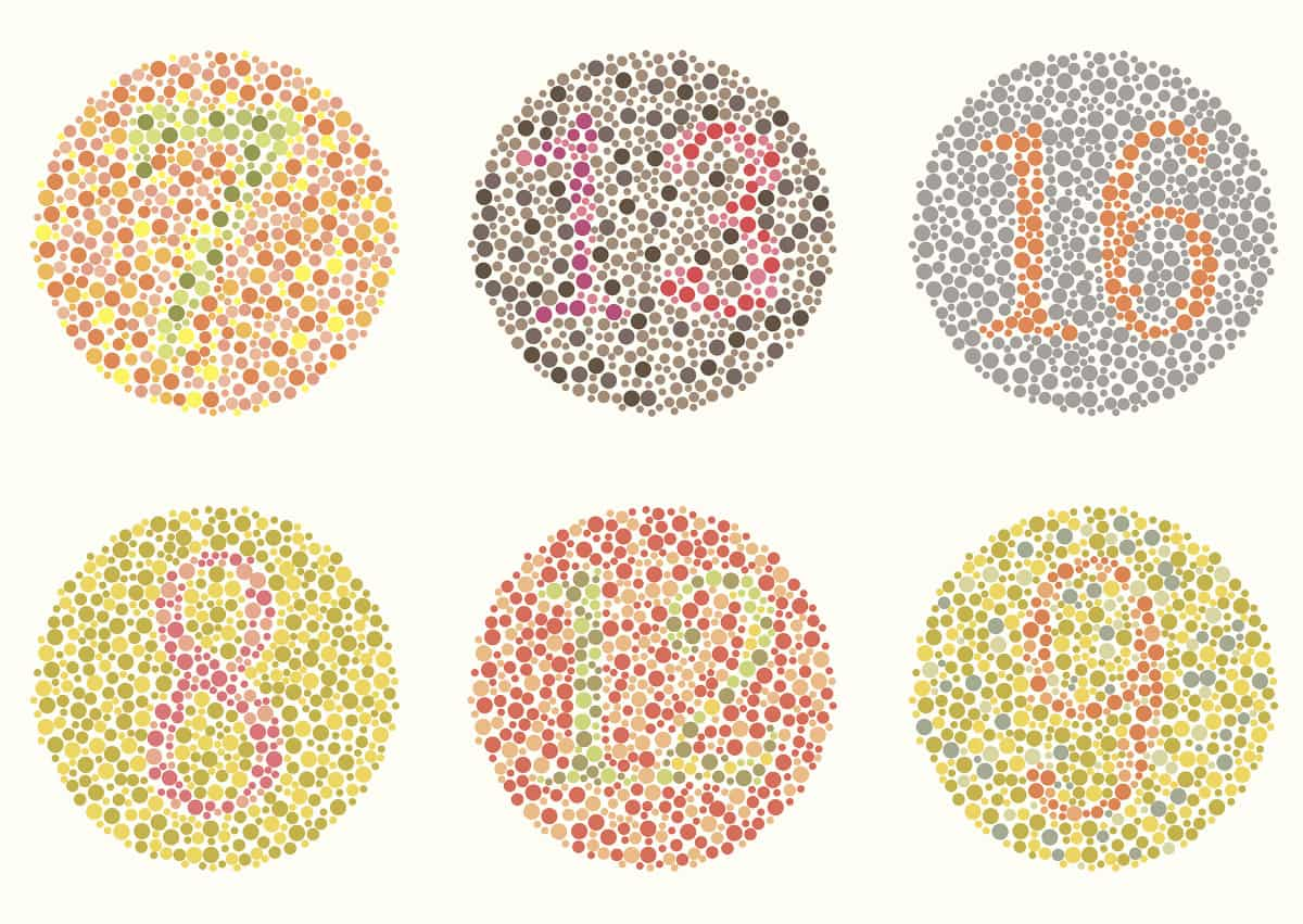 A grid of six circles with coloured dots displaying numbers: 7 in yellow, 13 in pink, 16 in orange, 8 in pink, 12 in green, and 9 in orange. The dots vary in colour intensity against a pale background.