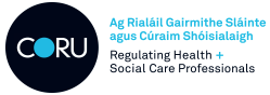 Logo of CORU featuring a dark circle with CORU in white text inside. Beside it, the text reads Ag Rialáil, Galmrúcha, Sláinte agus Cúram Sóisialta and Regulating Health + Social Care Professionals.