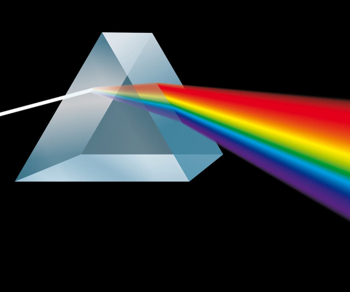 A glass prism refracts a single white light beam, splitting it into a spectrum of rainbow colours on a black background.