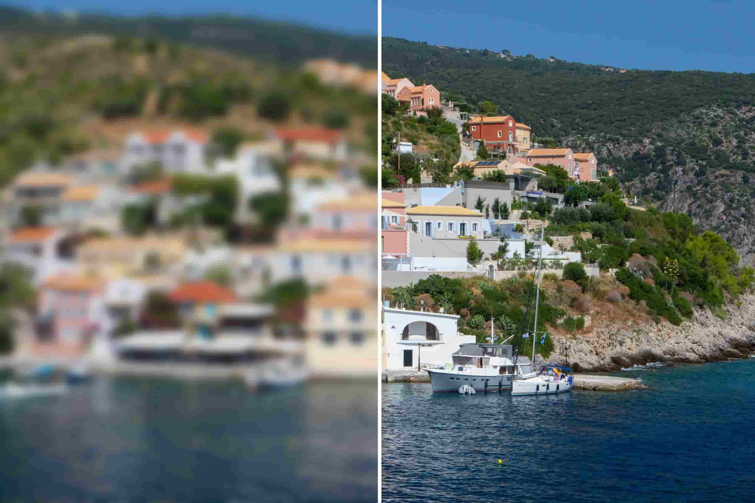 A coastal village scene split into two halves. The left side is blurred, representing myopia (short sightedness) while the right side is clear, showing colourful houses on a hillside, boats docked by the water, and green foliage under a blue sky.