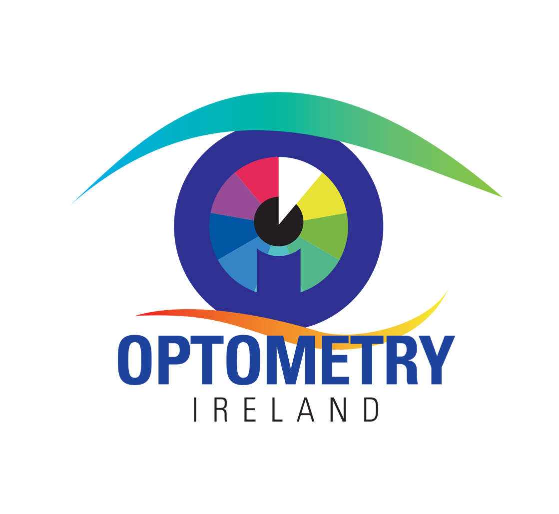 Logo of Optometry Ireland featuring a stylized eye with a colorful iris and a blue pupil. Below the eye, the words OPTOMETRY IRELAND are written, with OPTOMETRY in bold blue and IRELAND in smaller black text.