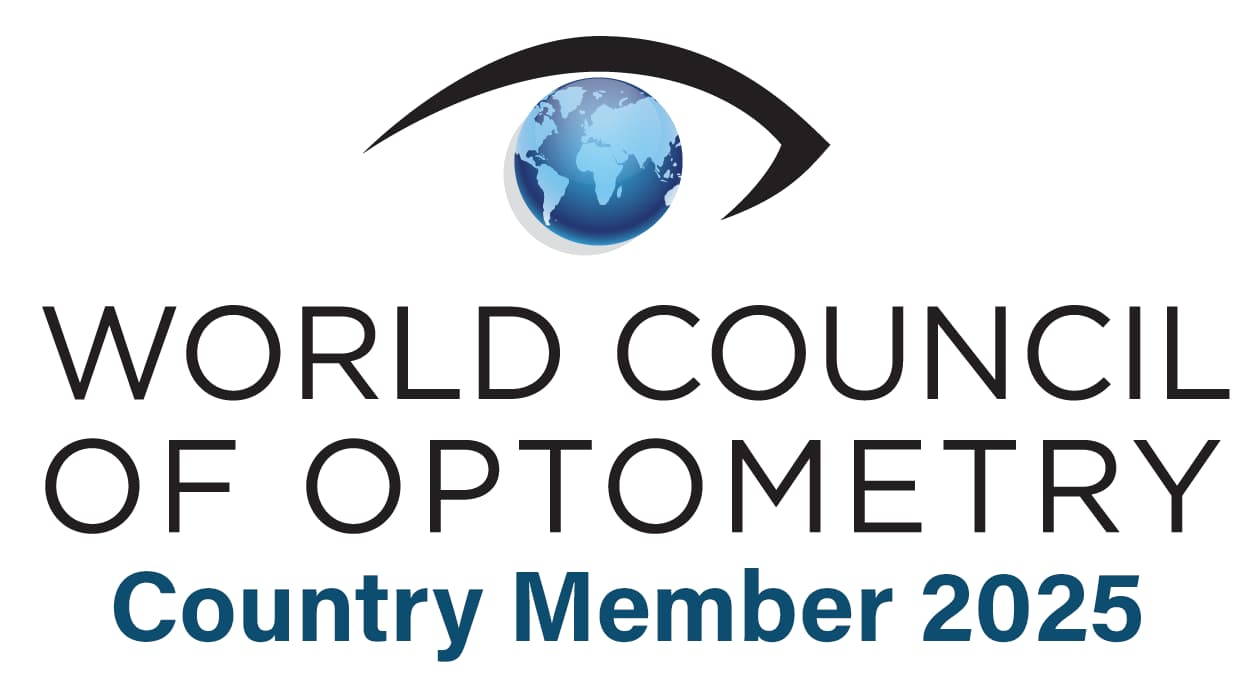 Logo of World Council of Optometry featuring an eye with a globe as the iris. Below, text reads World Council of Optometry Country Member 2025.