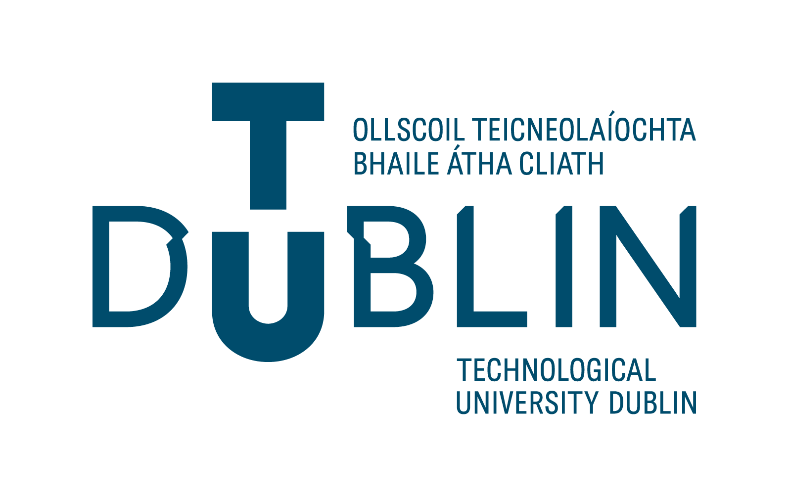 Logo of Technological University Dublin, featuring a large stylized TU with text in both Irish and English: Ollscoil Teicneolaíochta Bhaile Átha Cliath and Technological University Dublin respectively.